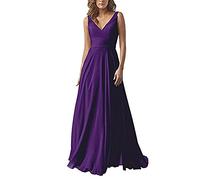 yhfshop Robe de Demoiselle d'honneur Soirée,Robe en Mousseline à Double épaule et col en V, Robe de soirée trapèze-Purple C_50,Classique Robe de Soirée Longue Femme