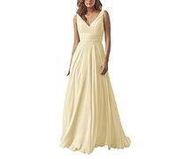 yhfshop Robe De Demoiselle Mariage Mi,Robe en Mousseline à Double épaule et col en V, Robe de soirée trapèze-Light Yellow B_46,Robe de Demoiselle d'honneur Soirée Bal
