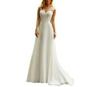 Yhfshop Robe de Mariée Longue en Dentelle à Col Rond et Petite Queue - Cocktail et Soirée de Mariage - Beige_40