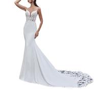 yhfshop Robe de Soirée Femme Longue Tulle,Robes de mariée sirène en Satin à col en V et Dentelle Sexy,White,US4,Robe de Soirée Cocktail Longue Femme, Blanc
