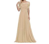 yhfshop Robe de Cocktail Femme Longue,Robe de soirée en Dentelle à Manches Courtes et épaules dénudées-Champagner_44,Longue Robe de Soirée de Mariage