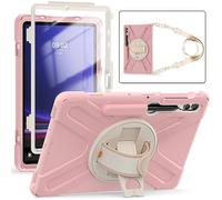 YHFZR Étui Antichoc Rotation 3 Couches Hybride Chocs avec Support et Bandoulière pour Samsung Galaxy Tab S10+/S9 FE+ / S9+ / S8+ / S7+ / S7 FE 12,4 Pouce,Rose-A