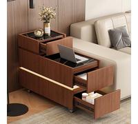 YHHLWXMDZ Table D'appoint Roulante Moderne, Plateau en Pierre, Structure en Bois Massif, Tiroirs à Glissières Silencieuses, Table de Chevet Gain de Place pour Salon ou Chambre(Brown,80x40cm)