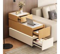 YHHLWXMDZ Table D'appoint Roulante Moderne, Plateau en Pierre, Structure en Bois Massif, Tiroirs à Glissières Silencieuses, Table de Chevet Gain de Place pour Salon ou Chambre(White+Natural,80x40cm)