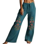 YHHRJAI Pantalon à jambe large pour femme en coton et lin taille haute élastique avec cordon de serrage brodé en lin pour femme pantalon de jogging à jambe droite pantalon de détente décontracté