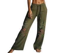 YHHRJAI Pantalon à jambe large pour femme en coton et lin taille haute élastique avec cordon de serrage brodé en lin pour femme pantalon de jogging à jambe droite pantalon de détente décontracté