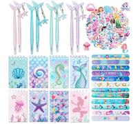 Yhjxly Ensemble de 78 pièces Cadeaux de fête Petite Sirène, 12 Bracelets Slap, 8 Carnets de notes, 8 Stylos, 50 Autocollants, Cadeaux d'anniversaire pour filles Petite Sirène pour fête d'anniversaire