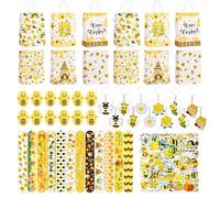 Yhjxly Lot de 98 cadeaux de fête sur le thème des abeilles, cadeaux d'anniversaire pour enfants, cadeaux d'abeilles, porte-clés abeilles, bracelets Wobbler autocollants pour enfants