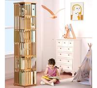 YHKJLYH Bibliothèque rotative à 360° en Bambou, étagère d'angle carrée, étagère à Livres sur Pied, Organiseur pour Chambre, Salon, Bureau, Couleur Bois - 6 Niveaux