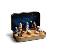 YHLHUXA Mini crèche en boîte métallique, Sainte Famille en résine Artisanale avec Jésus, Marie, Joseph et Les Moutons, crèche Miniature Portable pour Bureau, étagère, décoration de Noël, Cadeau (B)