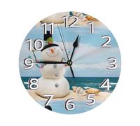 YHLKLWKSZC Bonhomme de neige avec coquillages assis sur la plage de sable Horloge murale ronde à piles 25,4 cm Silencieux sans tic-tac Horloge pour salle de bain, chambre à coucher, salon, cuisine