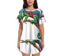 YHLKLWKSZC Caméléon Écouter de la Musique Femmes Pyjama à Manches Courtes Ensemble Doux Respirant Loungewear Vêtements de Nuit Pjs Pour Femmes Été, Noir, XXL