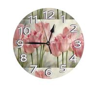 YHLKLWKSZC Horloge murale ronde à piles avec tulipes roses, 25,4 cm, silencieuse, sans tic-tac, pour salle de bain, chambre à coucher, salon, cuisine, bureau