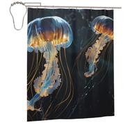 YHLKLWKSZC Rideau de douche 152,4 x 182,9 cm avec imprimé méduses bleues et dorées pour salle de bain - Rideau de douche en polyester et plastique avec 12 crochets