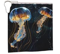 YHLKLWKSZC Rideau de douche 183 x 183 cm avec imprimé méduses bleues et dorées pour salle de bain, ensemble de rideaux de bain en polyester et plastique avec 12 crochets