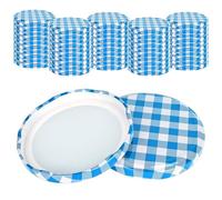 YHNDECO Lot de 50 Couvercles à Visser, Couvercle Pot Confiture 82mm, Carreaux Bleu/Blanc, Couvercles pour Pots de Confiture, Bouchons à Vis pour Bocaux de 230/350/435 ml/565 ml