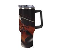 YHNNH Gobelet de 1200 ml avec poignée et paille, feuille de violon en acier inoxydable à imprimé musical, réutilisable, étanche, isotherme, avec couvercles, s'adapte au porte-gobelet de voiture