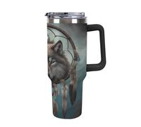 YHNNH Gobelet de 1200 ml avec poignée et paille, gobelet isotherme réutilisable et étanche en acier inoxydable avec couvercle à motif 3D de loup pour porte-gobelet de voiture