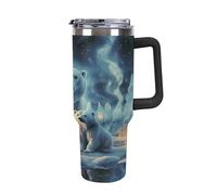 YHNNH Gobelet de 1200 ml avec poignée et paille, motif ours polaires, aurore boréale, réutilisable, étanche, isotherme, avec couvercles, s'adapte au porte-gobelet de voiture