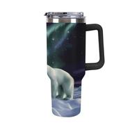 YHNNH Gobelet de 1200 ml avec poignée et paille, motif ours polaires, aurore boréale, réutilisable, étanche, isotherme, avec couvercles, s'adapte au porte-gobelet de voiture