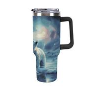 YHNNH Gobelet de 1200 ml avec poignée et paille, motif ours polaires, aurore boréale, réutilisable, étanche, isotherme, avec couvercles, s'adapte au porte-gobelet de voiture