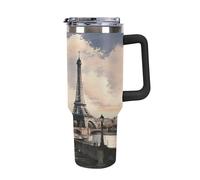 YHNNH Gobelet de 1200 ml avec poignée et paille, style vintage, tour Eiffel Paris, en acier inoxydable, réutilisable, étanche, isotherme, avec couvercles, s'adapte au porte-gobelet de voiture