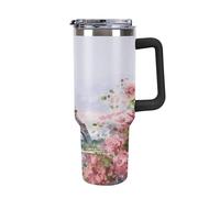 YHNNH Gobelet de 1200 ml avec poignée et paille, tour Eiffel de Paris avec imprimé de fleurs, en acier inoxydable, réutilisable, étanche, isotherme, avec couvercles, s'adapte au porte-gobelet de