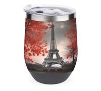 YHNNH Gobelet isotherme réutilisable sans pied en acier inoxydable de 355 ml avec couvercle, motif Tour Eiffel et feuilles d'automne