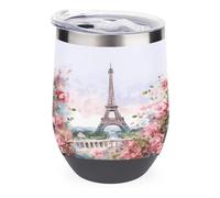 YHNNH Gobelet isotherme réutilisable sans pied en acier inoxydable de 355 ml avec couvercle, tour Eiffel de Paris avec fleurs imprimées