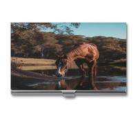 YHNNH Porte-cartes de visite fin et portable en alliage d'aluminium pour cartes de visite, le cheval boit, porte-cartes de crédit en métal imprimé à l'eau pour homme et femme