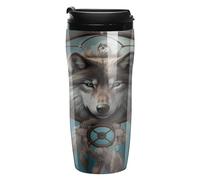 YHNNH Tasse de voyage en plastique avec couvercles étanches, 3D Wolf Dream Catcher imprimé attrape-rêves 350 ml à double paroi, tasses à café réutilisables pour boissons chaudes et froides