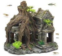 YHomU Décoration d'aquarium en résine de 23,1 cm, grande grotte cachée, décoration d'aquarium avec texture de pierre ancienne et racine d'arbre, sans danger pour le sel et l'eau douce