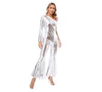 Yhong Brillant Solo De Danse Gymnastique Pour Femme Justaucorps Jazz Métallisé Manches Longues Tenues De Danse Hippies Discothèque Argent 3XL