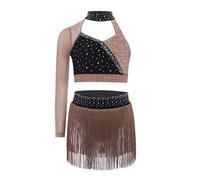 Yhong Costume Danse Latino pour Filles Haut Court avec Une Seule Épaule Manche Longue Et Jupe Culotte avec Franges Ensemble Patinage Artistique Rose poudré 11-12 Ans