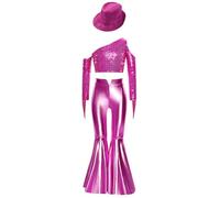 Yhong Costume Danseuse Disco des Années pour Mädchen Crop Top avec Pantalons Métalliques Tenue Danse Jazz pour Fête Danniversaire Rose Vif 13-14 Ans