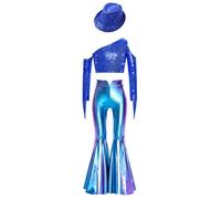 Yhong Costume Danseuse Disco des Années pour Mädchen Crop Top avec Pantalons Métalliques Tenue Danse Jazz pour Fête Danniversaire Bleu Royal 5-6 Ans
