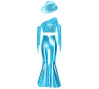 Yhong Costume Danseuse Disco des Années pour Mädchen Crop Top avec Pantalons Métalliques Tenue Danse Jazz pour Fête Danniversaire Bleu Clair 11-12 Ans