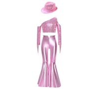 Yhong Costume Danseuse Disco des Années pour Mädchen Crop Top avec Pantalons Métalliques Tenue Danse Jazz pour Fête Danniversaire Rose 7-8 Ans