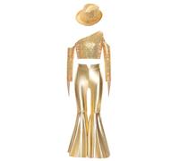 Yhong Costume Danseuse Disco des Années pour Mädchen Crop Top avec Pantalons Métalliques Tenue Danse Jazz pour Fête Danniversaire Or 13-14 Ans