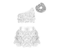 Yhong Costume de Danse Latine Samba Salsa Rumba Jazz pour Enfants Filles Haut Court à Paillettes avec Jupe Short Ensemble Chouchous Argent 11-12 Ans