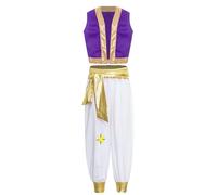 Yhong Costume de Prince Arabe d'Halloween pour Garçons Gilet Avant Ouvert avec Pantalon Ensemble Déguisement de Carnaval Violet 11-12 ans