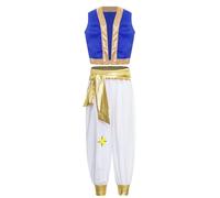 Yhong Costume de Prince Arabe d'Halloween pour Garçons Gilet Avant Ouvert avec Pantalon Ensemble Déguisement de Carnaval Bleu royal 9-10 ans