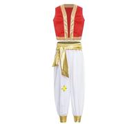 Yhong Costume de Prince Arabe d'Halloween pour Garçons Gilet Avant Ouvert avec Pantalon Ensemble Déguisement de Carnaval Rouge 13-14 ans