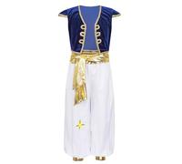 Yhong Costume de Prince Arabe pour Enfants Garçons Costume de Rat de Rue Arabe Gilet avec Sarouel Costumes de Cosplay d'Halloween Bleu royal 7-8 ans