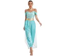 Yhong Costume De Princesse Jasmine pour Femme Ensemble Costume De Princesse Arabe Combinaison À Paillettes Tenue Cosplay pour Halloween Carnaval Turquoise M