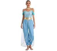 Yhong Costume De Princesse Jasmine pour Femme Ensemble Costume De Princesse Arabe Combinaison À Paillettes Tenue Cosplay pour Halloween Carnaval Bleu 4XL
