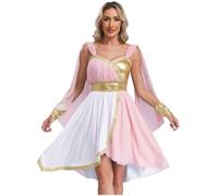 Yhong Costume Grec Ancien d'Halloween pour Femmes Robe Sans Manches en Mousseline de Soie Robe Toga Grecque avec Poignets Rose S