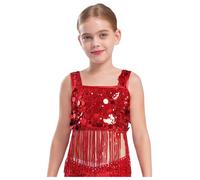 Yhong Débardeur sans Manches à Franges à Paillettes pour Filles pour Enfants Chemise à Bretelles Camisole Scintillante Haut Court de Danse Brillant Rouge 7-8 Ans
