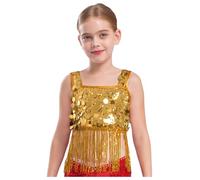 Yhong Débardeur sans Manches à Franges à Paillettes pour Filles pour Enfants Chemise à Bretelles Camisole Scintillante Haut Court de Danse Brillant Or 5-6 Ans