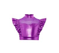 Yhong Enfants Filles Hauts de Danse Métalliques Brillants Maille Patchwork à Volants Hauts Courts Costume de Danse Jazz Hip Hop Violet 7-8 Ans